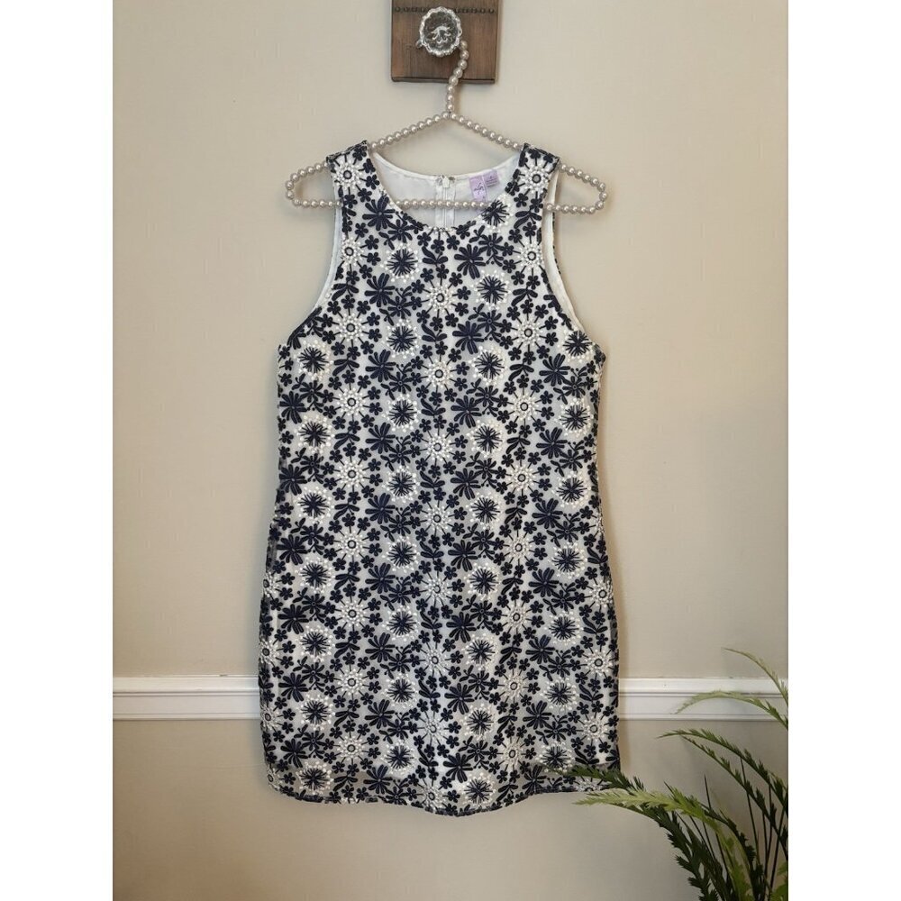 Alya Womens Size Small Sheath Dress Blue White Floral Embrodered Sleeveless